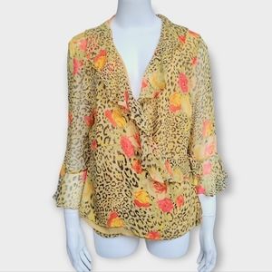 90s Vintage Ruffle Cheetah & Floral Print Wrap Blouse size XL Richard Ma…